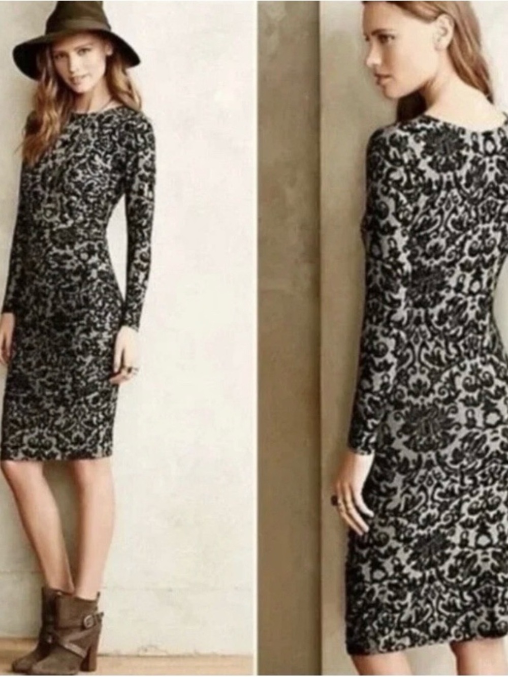 Anthropologie Ganni Black Lace Print Monica
Bodycon Ruched Midi Dress